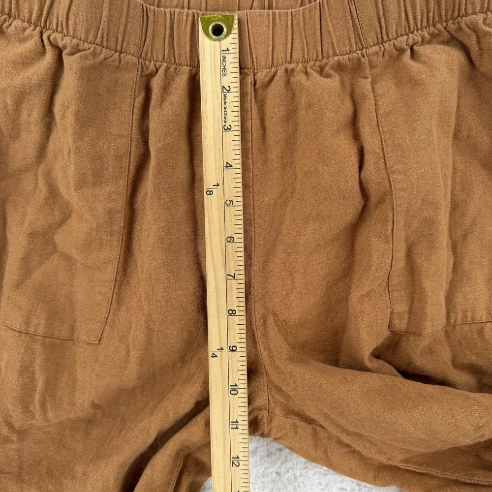 Felina Pants Womens M Brown Linen Cropped Wide Leg Elastic Waist Casual Pockets